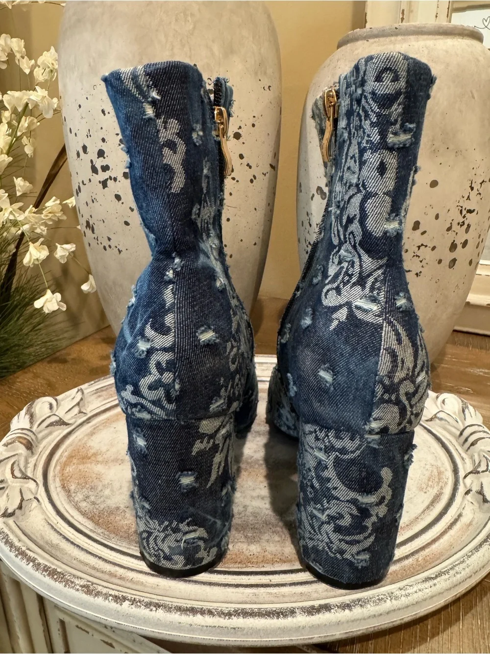Denim Blue Damask Embroidered Ankle Boots